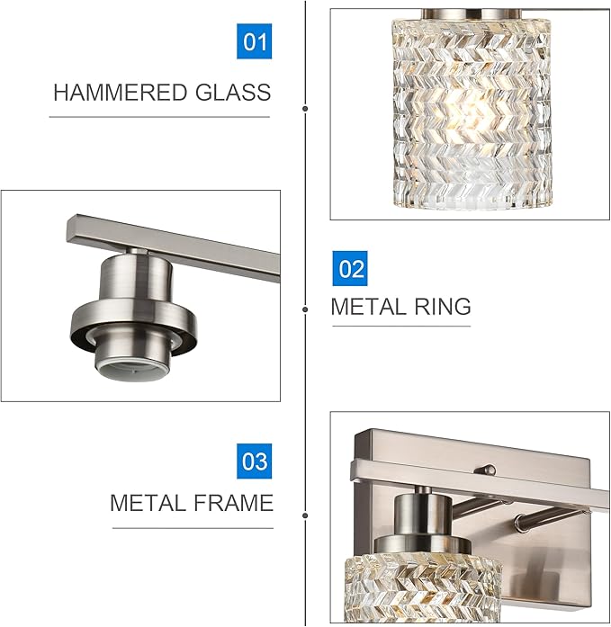 MELUCEE 4 Lights Brushed Nickel Vanity Light Modern Bathroom Light Fixtures with Hammered Glass Shade, Indoor Metal Wall Lights for Powder Room Hallway Kitchen, E26 Base