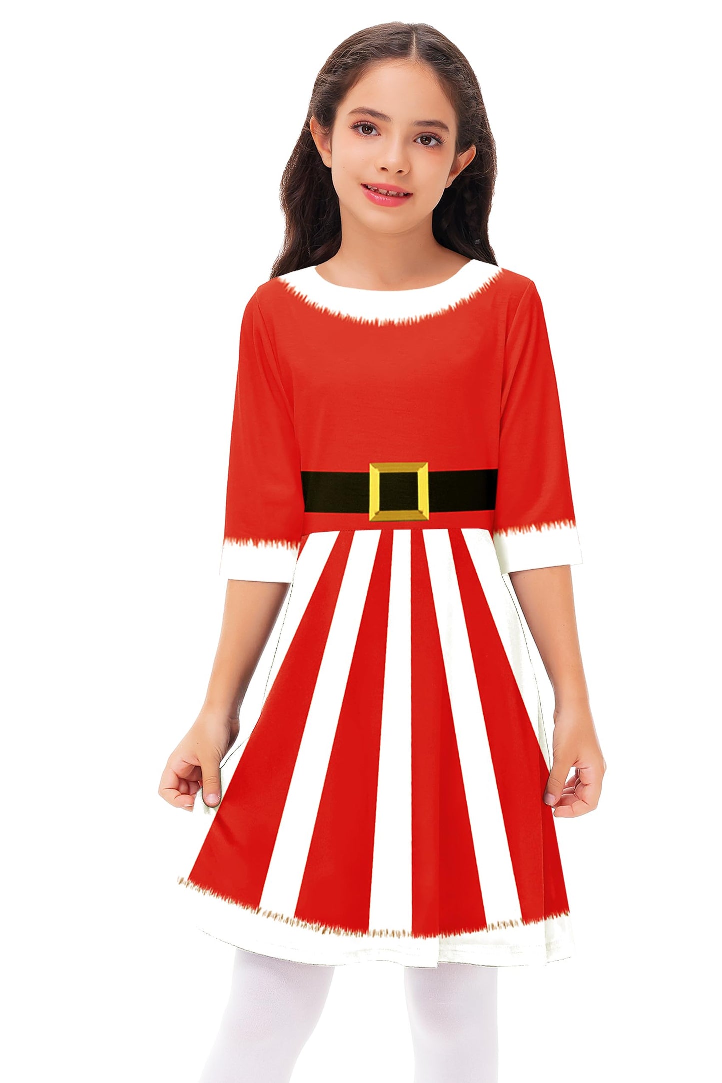Remimi Santa Dress for Girls Christmas 3/4 Sleeve Twirly Gift Holiday Skater Dress 9-10 Years