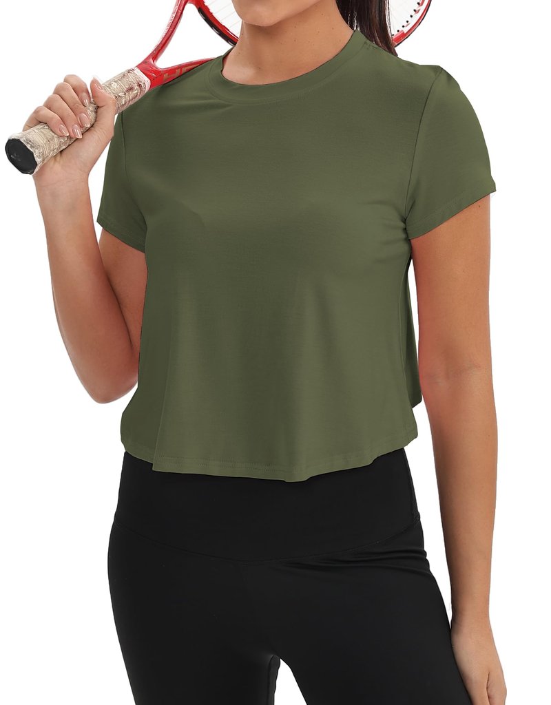 Mippo Workout Tops for Women Short Sleeve Yoga Gym Shirt Athletic T Shirts Breathable Exercise Clothes Activewear Loose Fit ArmyGreen M