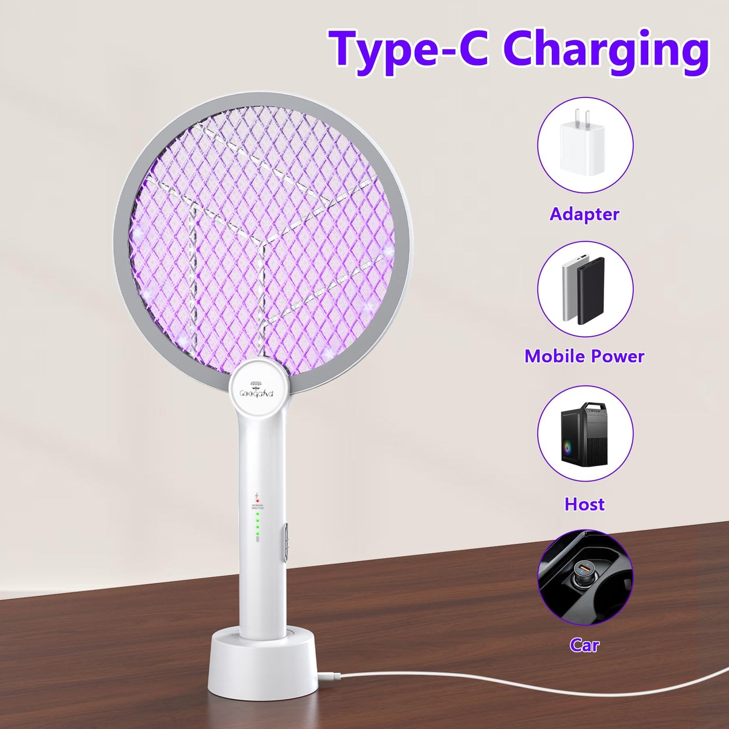 Gooqand Bug Zapper Racket, 2 in 1 Electric Fly Swatter with USB Rechargeable, 4000V Fly Zapper with 3 Layer Safety Mesh, Fly Racket for Indoor, Outdoor