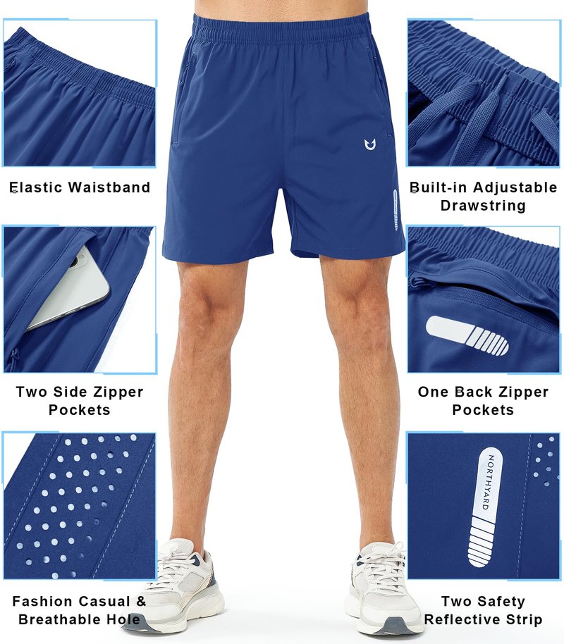NORTHYARD Men's Athletic Running Shorts Gym Workout 7"/9"/5" Quick Dry Lightweight Sports Basketball Tennis 3 Zipper Pockets ROYALBLUE-5inch 2XL