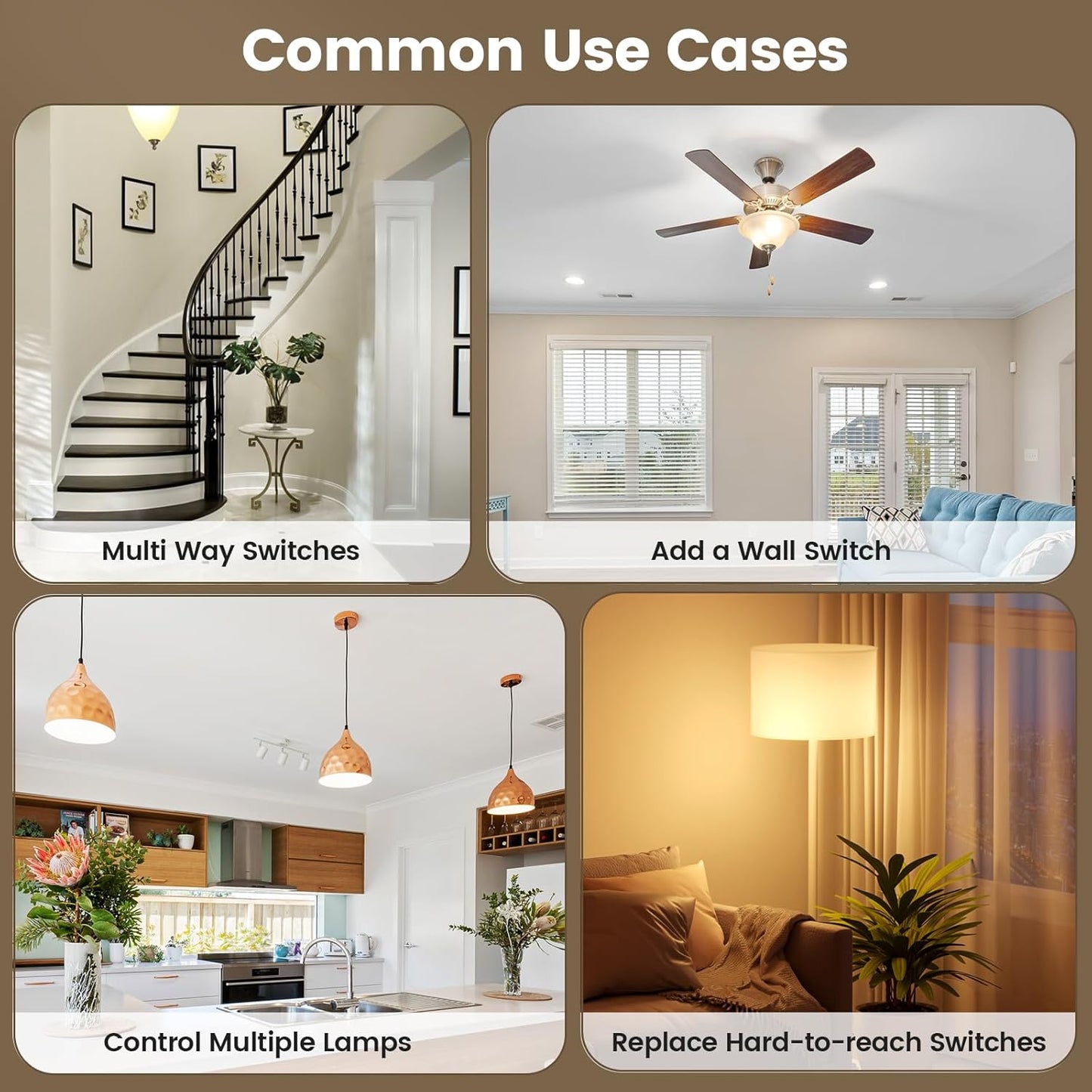 SURAIELEC 3 Way Wireless Light Switch and Receiver Kit, Decorator Rocker Wall Switch, 15 AMP, 100FT, No Wiring No WiFi, Remote Control for Lighting, Neutral Wire Required (Upgrade Antenna Model)