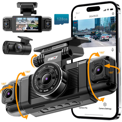 IIWEY N5 4 Channel Dash Cam 360° View, 1080P Front and Rear Inside, Left Right Dash Camera for Cars, 8 IR Lamps Night Vision, 5G WiFi & APP Control, G-Sensor, Parking Mode, with a Free 128GB SD Card
