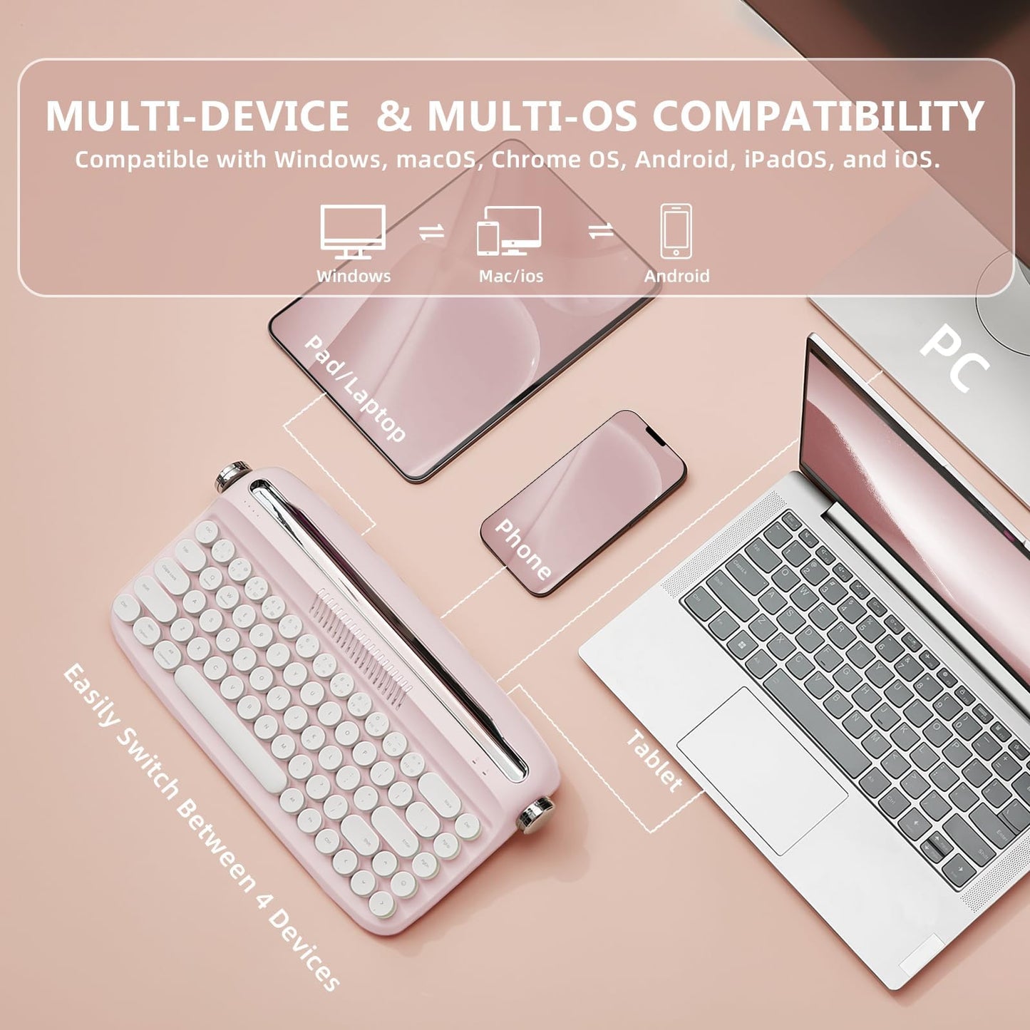 YUNZII Upgraded Wireless Typewriter Keyboard,with Retro Integrated Stand,USB-C/Bluetooth,Cute Round Keycaps, USB-C/Bluetooth Connection for Table, Phone, PC and Win/Mac/Android (B309, Baby Pink)