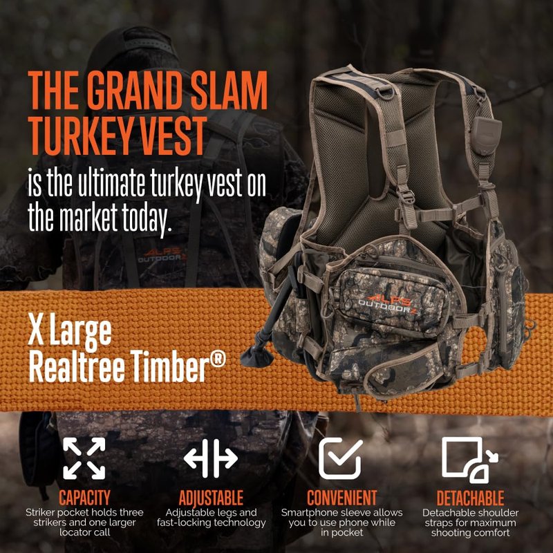 ALPS OutdoorZ Grand Slam Turkey Vest Featuring Removable Sit Anywhere Kickstand Frame and Fold-Away Seat, Large Game Bag, and Cell Phone Use in Pocket, Standard, Realtree Timber