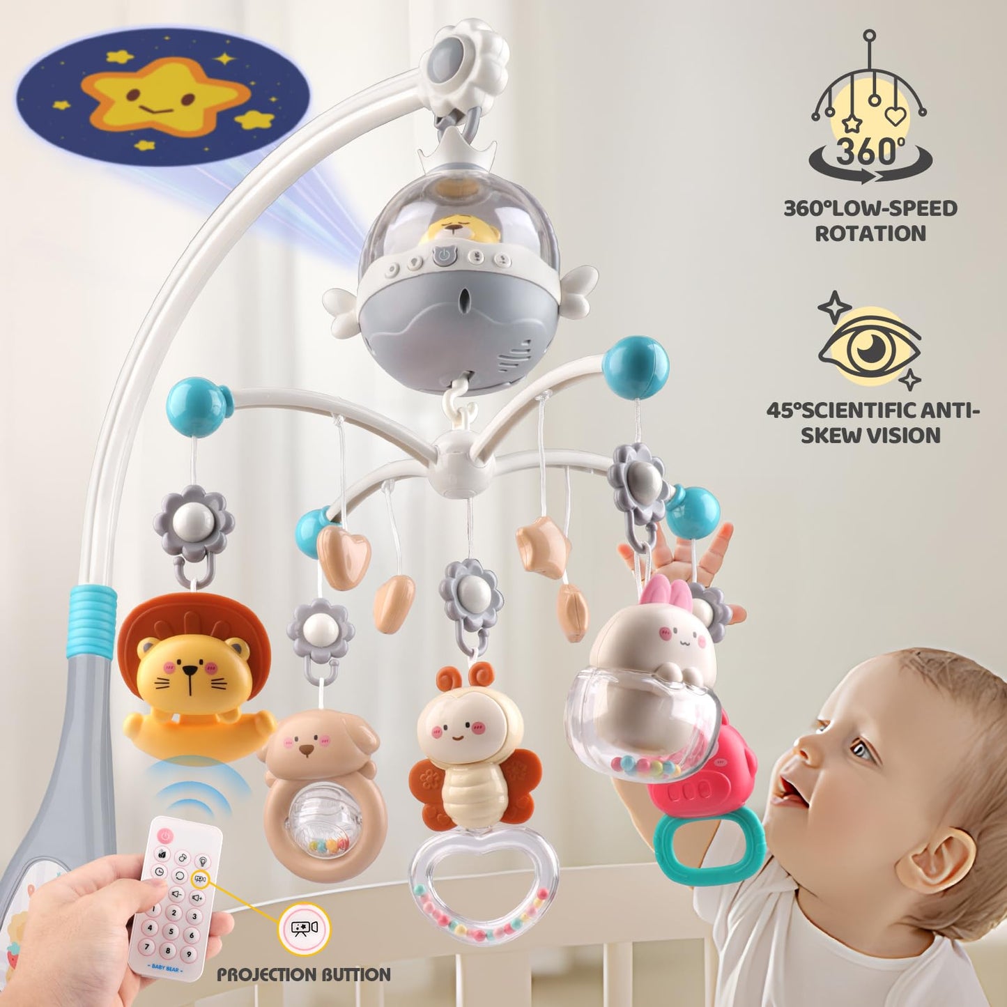 nicknack Cot Mobile for Babies, Musical Baby Crib Mobile with Projection Lights & Remote Control, Newborn Baby Crib Toys Gift for 0-6 Months