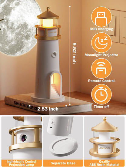 DSYHYL Moon Lamp Projector Night Light,Lighthouse Decor Light Night Light for Kids,Moon Light Galaxy Projector Rechargeable LED Aesthetic Table Lamp Christmas Birthday Gifts for Kids Boys Girl