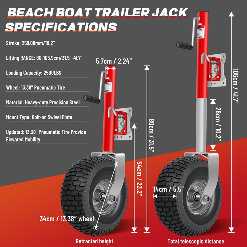 Beach Boat Trailer Jack 2500 lbs Capacity with 13.3" Wheels-Heavy Duty for 10.2" Lift-RV Boat Trailer Bolt-On Swivel Tongue Jack（Red）