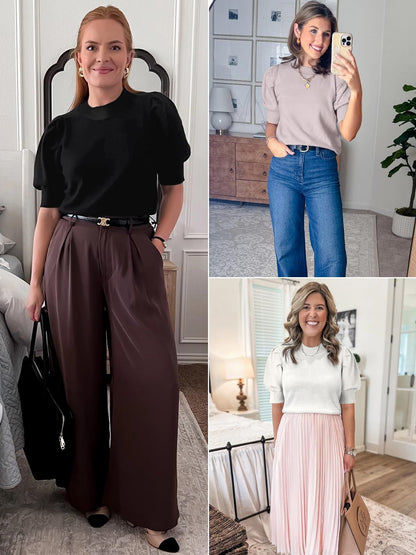 ATHMILE Women's Puff Short Sleeve Sweater Tops 2025 Spring Summer Fall Trendy Y2K Crew Neck Casual T Shirts Blouses A-Beige