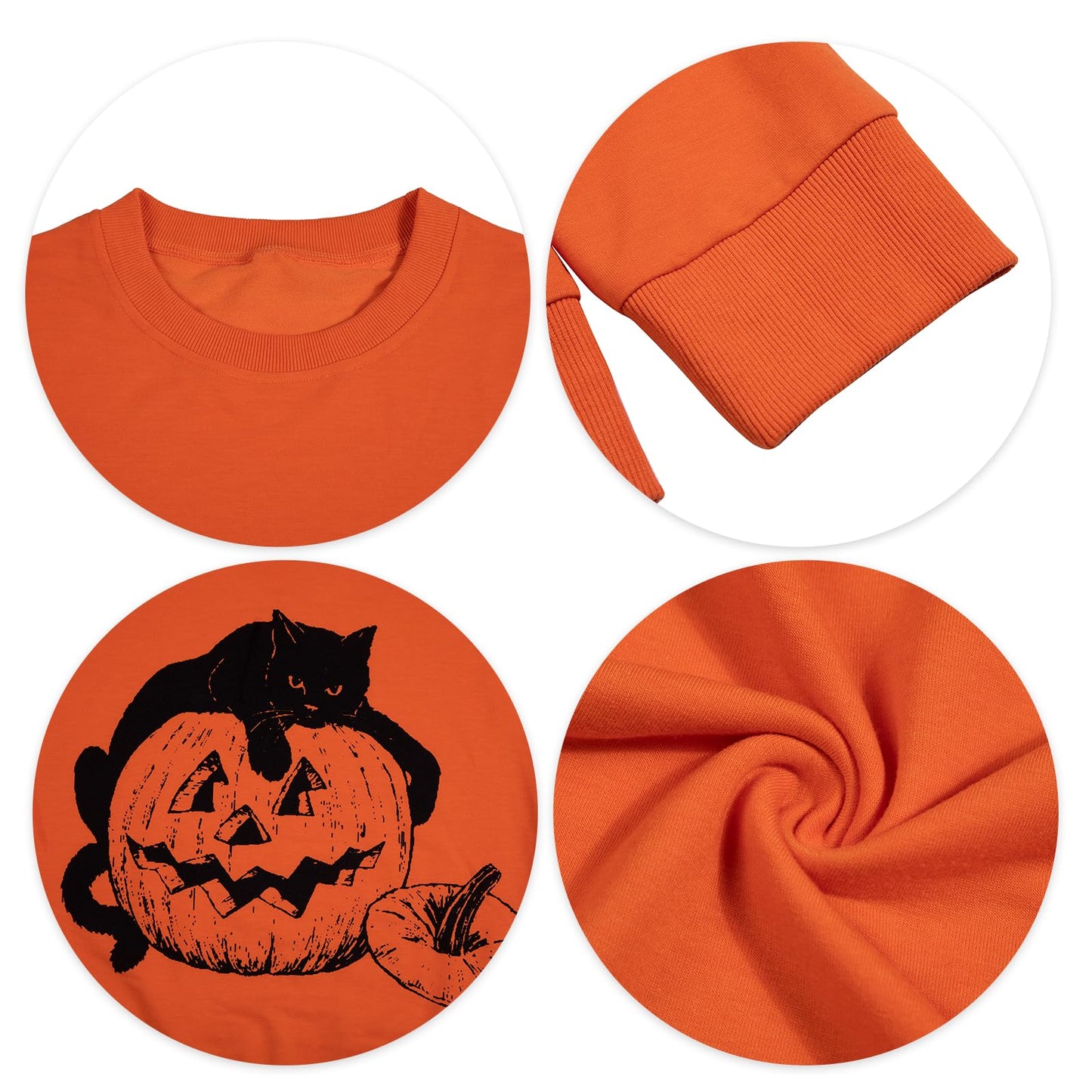 UNIQUEONE Black Cat on Pumpkin Sweatshirt Women Halloween Sweatshirts Pumpkin Face Tee Lightweight Pullover Tops