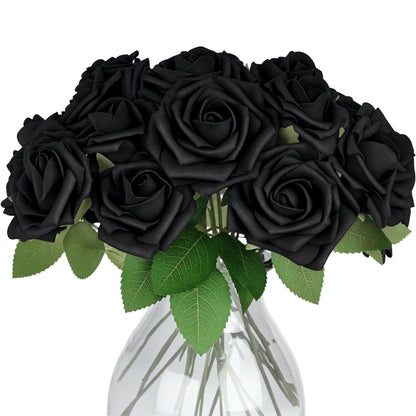 JOHOUSE 30PCS Black Fake Roses, Halloween Decor Artificial Flowers with Stems for Wedding Bouquets Party and Gothic Decoration