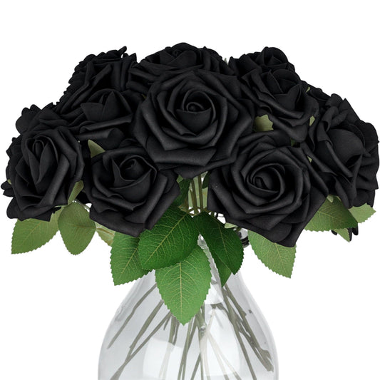 JOHOUSE 30PCS Black Fake Roses, Halloween Decor Artificial Flowers with Stems for Wedding Bouquets Party and Gothic Decoration