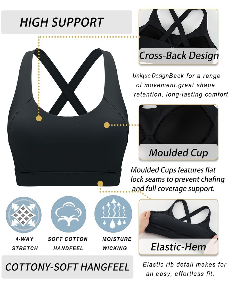 RUNNING GIRL Black Sports Bra for Women,Molded Cups High Support Sports Bras for Women Large Bust(3027Black_L)
