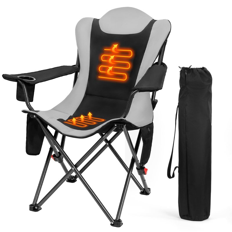 OUTSIDER Heated Camping Chair Heavy Duty 3-Position Folding Camp Chair with 3 Heat Levels, Cup Holder & Side Storage - Outdoor Heating Camping Chair for Adults, Supports 350lbs,Battery Not Included