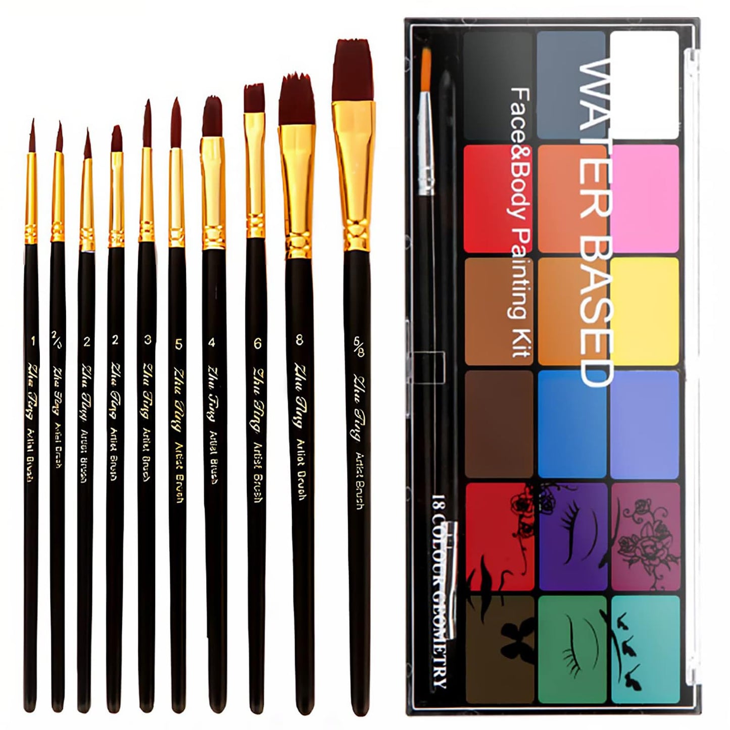 BRIMFULITE Face Painting Kit Non-toxic Body Paint Washable 18 Colors Facepaint Makeup Kit for Adults with 10 Face Paint Brushes for Halloween Party Cosplay Makeup (Color 001)
