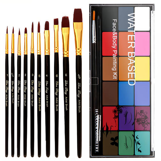 BRIMFULITE Face Painting Kit Non-toxic Body Paint Washable 18 Colors Facepaint Makeup Kit for Adults with 10 Face Paint Brushes for Halloween Party Cosplay Makeup (Color 001)