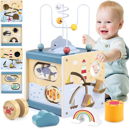 Airlab Wooden Activity Cube Baby Toys for 1 Year Old, 1st Birthday Gifts for Girls and Boys, 12+ Months Montessori Toys with Bead Maze Shape Sorter Educational Sensory Toys for Kids Age 1 2 3