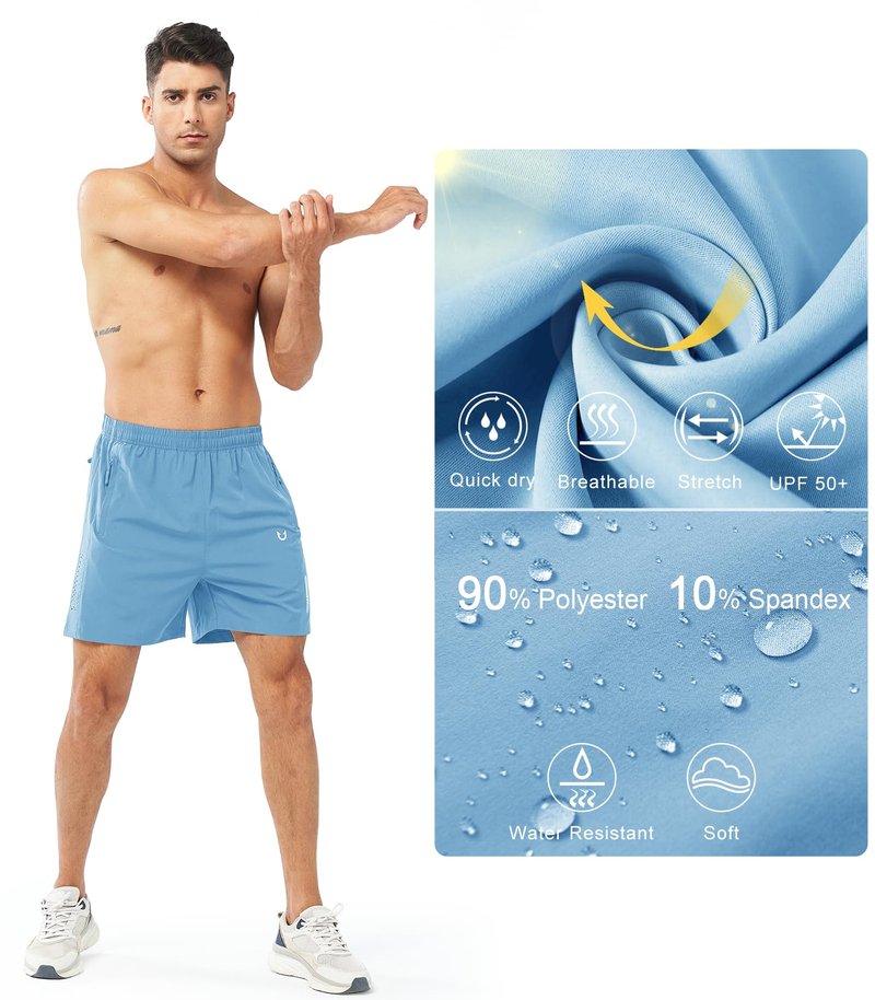 NORTHYARD Men's Athletic Running Shorts Gym Workout 7"/9"/5" Quick Dry Lightweight Sports Basketball Tennis 3 Zipper Pockets SKYBLUE-5inch 2XL