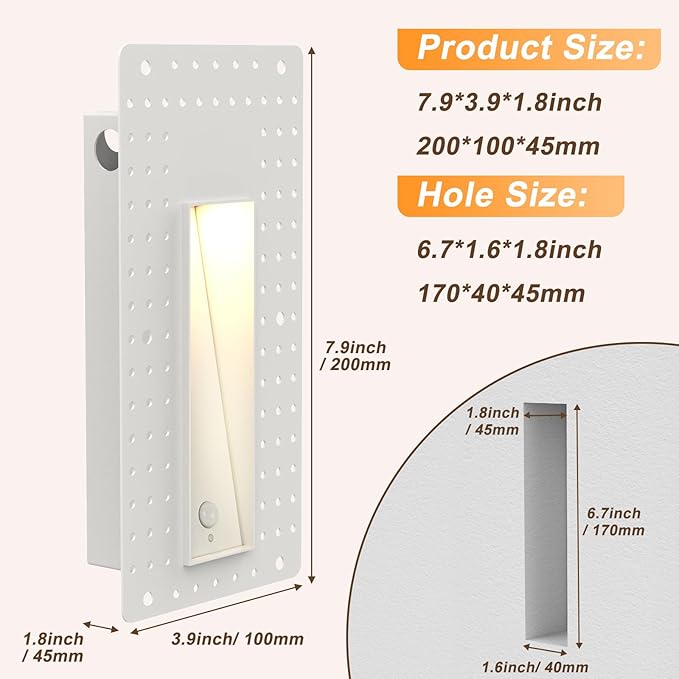 3W Recessed Motion Sensor Step Light, 3000K Warm White Night Wall Lights for Indoor Hallway, IP65 Waterproof Trimless Stair Lighting (White Finish)