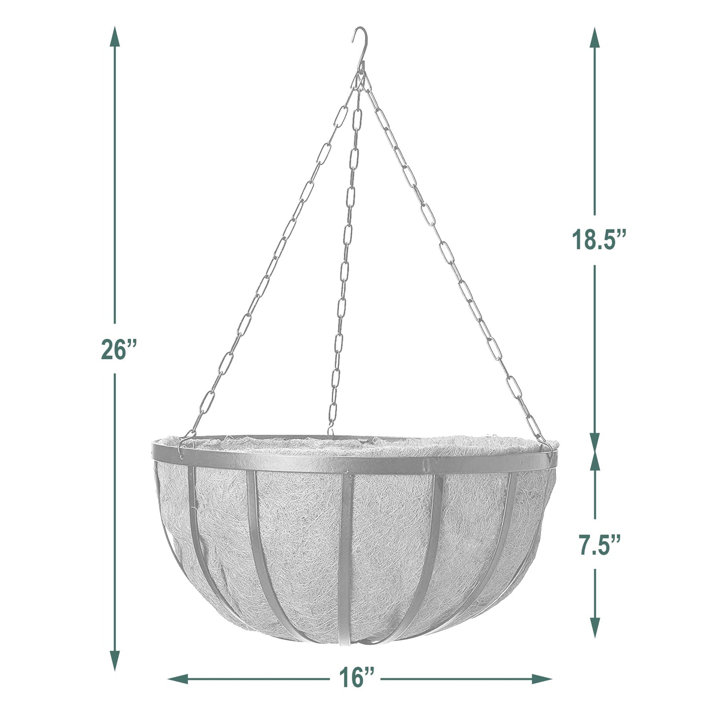 Arcadia Garden Products Round Planter, 16-Inch 1592 Solstice Series Coconut Hanging Basket, Black