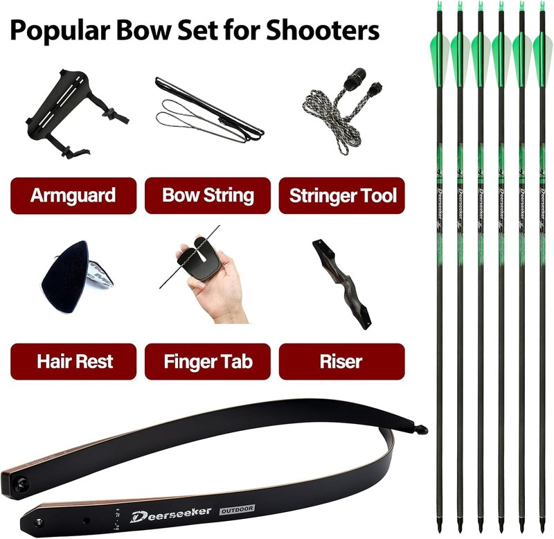 Deerseeker Takedown Recurve Bow Set - 60"/62" Right & Left Hand Traditional Wooden Bow for Adults & Youth | 25-60 lbs