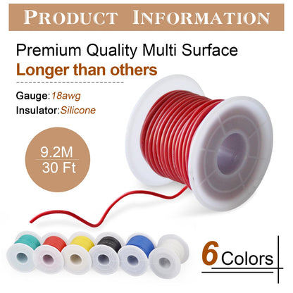 THUN-CT 0.8mm²18 AWG Silicone Electronic Wire Kit 180Ft In Total (6 Colors 9.2M/30Ft Each), Tinned Copper Wire Insulated Wires- 18 Gauge Stranded Hook Up Wires Kit For DIY