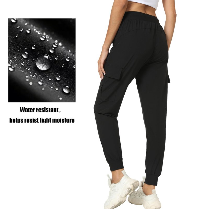 Women's Joggers with Pockets Lightweight - Water Resistant Quick Dry Cargo Athletic Pants for Hiking Running Camping Travel (Black, Medium)