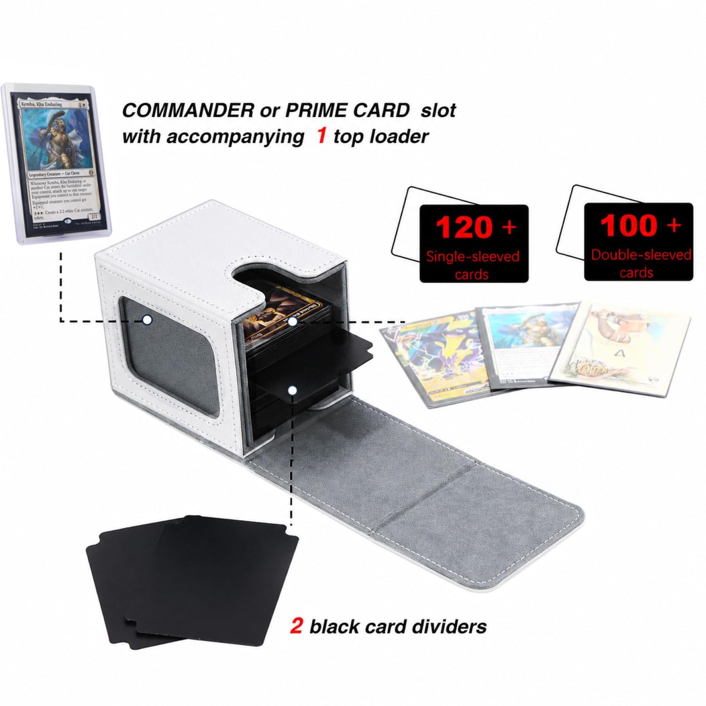 Venssu MTG Deck Box for Commander Display,Card Deck Box Fits 100 Double Sleeved Cards, TCG Card Storage Box (White and Grey, 1 window)