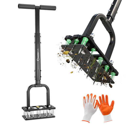 Sakerplus Aerator Lawn Tool, Spike Lawn Aerator with Auto-Return Self-Cleaning Tines, Anti-Fatigue Comfort Pad, Reinforced Anti-Breakage Joints, 15 Steel Tines for Garden Healthy Grass Aeration -Black