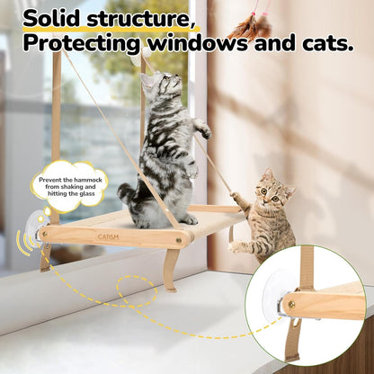 Cat Window Perch - Foldable Cat Hammock for Window, Soft Seat Machine Washable, Solid Wood Frame, 4 Suction Cups, Cats Window Hammock Load Weight Up to 40lbs