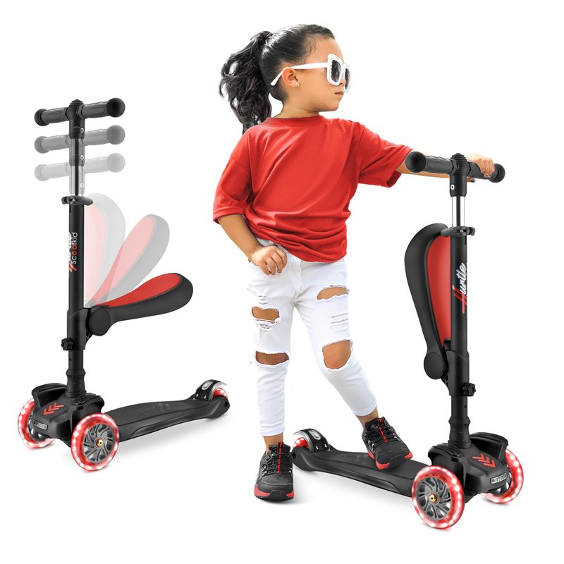 Hurtle 3 Wheeled Scooter for Kids - 2-in-1 Sit/Stand Child Toddlers Toy Kick Scooters with Flip-out Seat, Adjustable Height, Wide Deck, Flashing Wheel Lights, For Boys/Girls 1 Year Old+