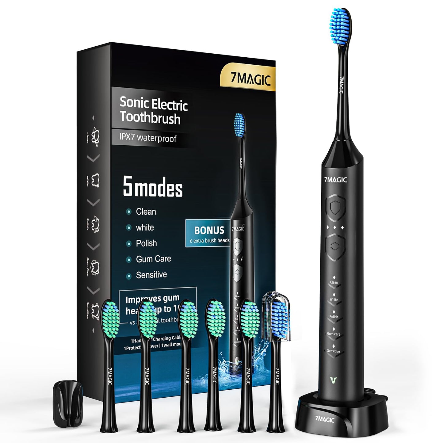 Electric Toothbrush, Sonic Toothbrush, Electric Toothbrush Adult with 3 Intensities 5 Modes, 40000 VPM & IPX7, Ultrasonic Toothbrush Electric with 90-Day Battery Life and Timer, Knight Black