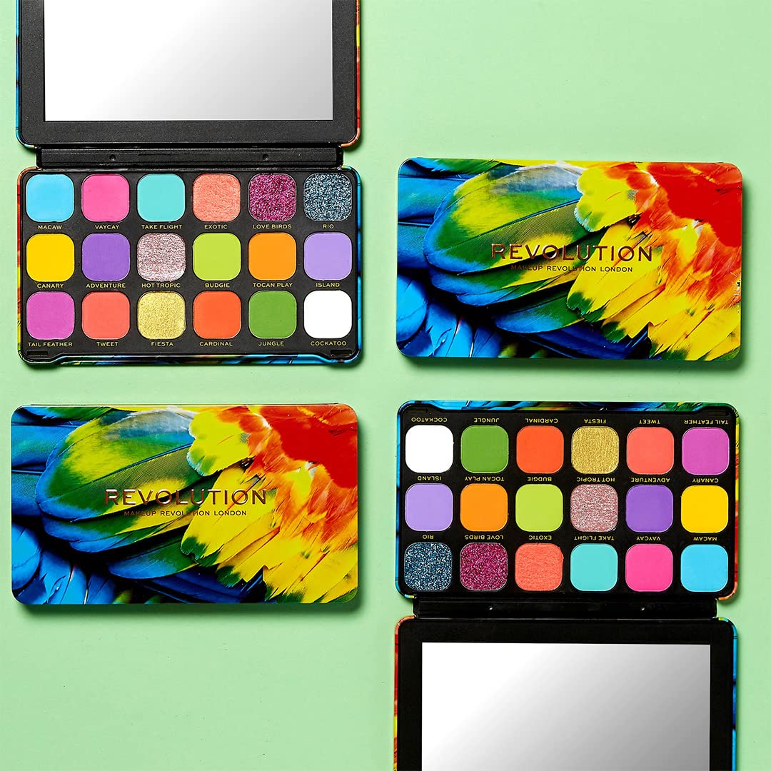 Revolution Beauty, Forever Flawless Eyeshadow Palette, 18 Pigmented Shades, Vibrant Pressed Powder Mattes, Shimmers, Glitters, Bird of Paradise, 15 X 0.04 Oz.
