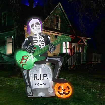 Halloween Inflatables Outdoor Decorations,7 Feet Rock Jack on Tombstone, Ghost with Pumpkin Decor, LED Lights, Blow up Lighted Yard Lawn Home