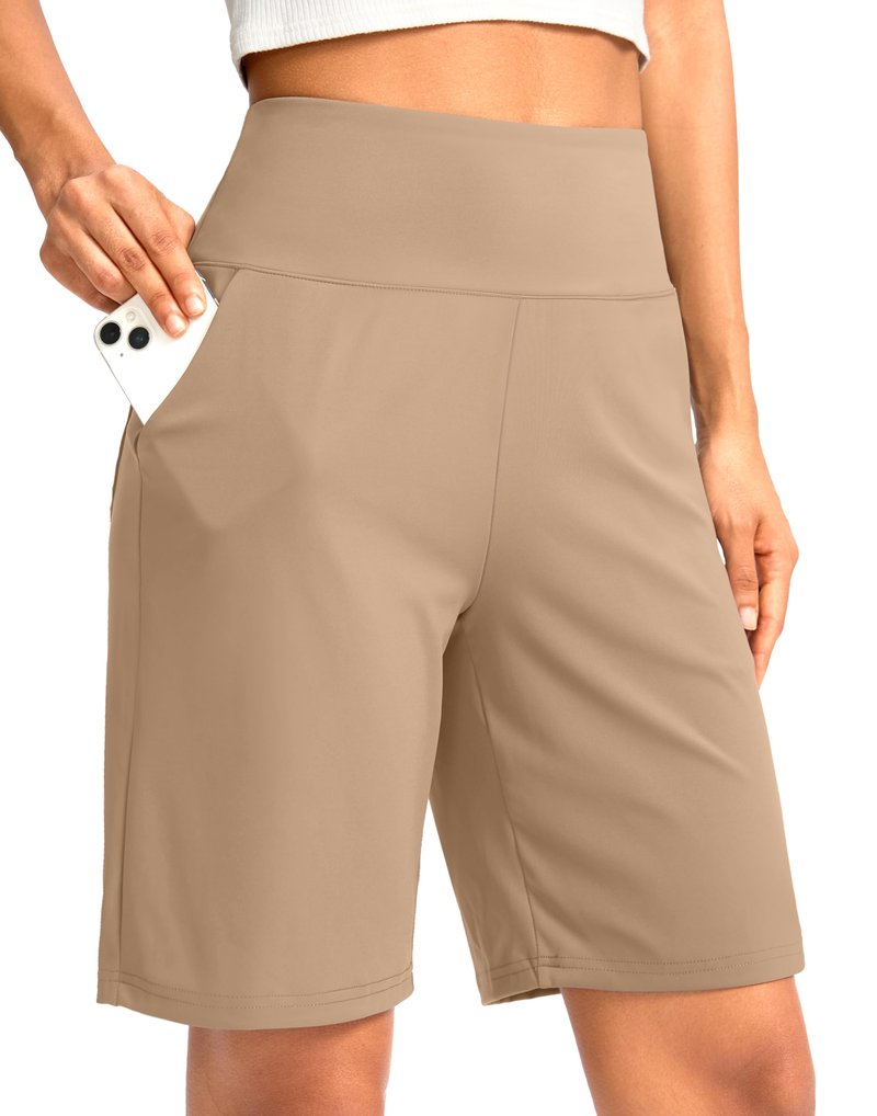 G Gradual Women's Bermuda Long Shorts with Pockets 9" High Waisted Knee Length Shorts for Women Walking Athletic Workout(Khaki,S)