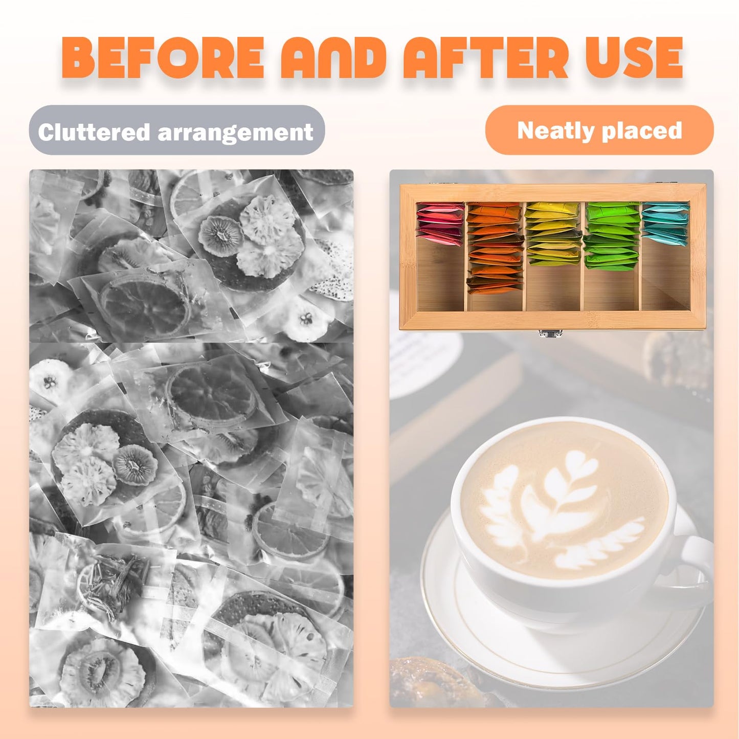 Bamboo Tea Bag Organizer Storage Box, 5 Compartments Bamboo Tea Box, Teabag Box Organizer with Clear Lid, Teabox Station Display, Portable Tea Bag Holder for Home Office Spices