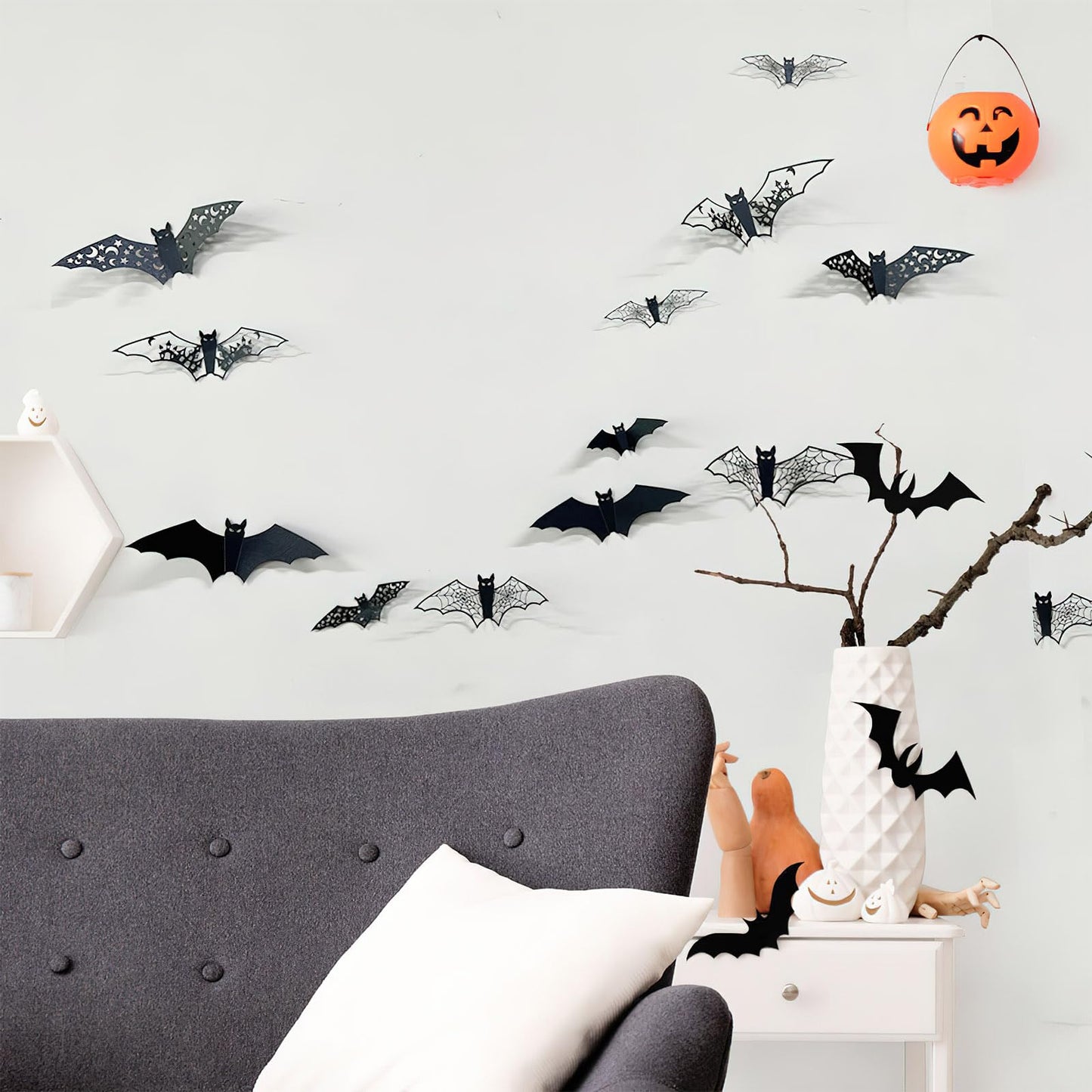 24Pcs Large Halloween Bats Decorations - 3D Self-Adhesive PVC Scary Wall Decor, Hollow Out Waterproof Black Stickers for Indoor Party Supplies, Door and Room Decals
