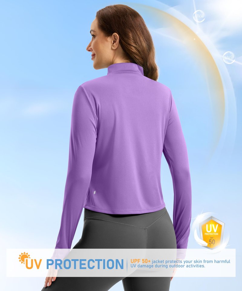 Soothfeel Women's UPF 50+ Sun Protection Athletic Jacket Lightweight Crop Zip Up Long Sleeve SPF Shirts Hiking Workout Pocket Purple M