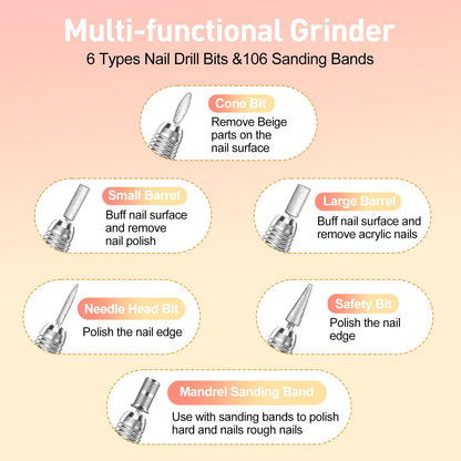 20000RPM Electric Nail Drill Professional Nail File Drill Acrylic Nails Kit for Manicure Gel Nail Polish Remover with 1 Pack of Sanding Bands(Pink)
