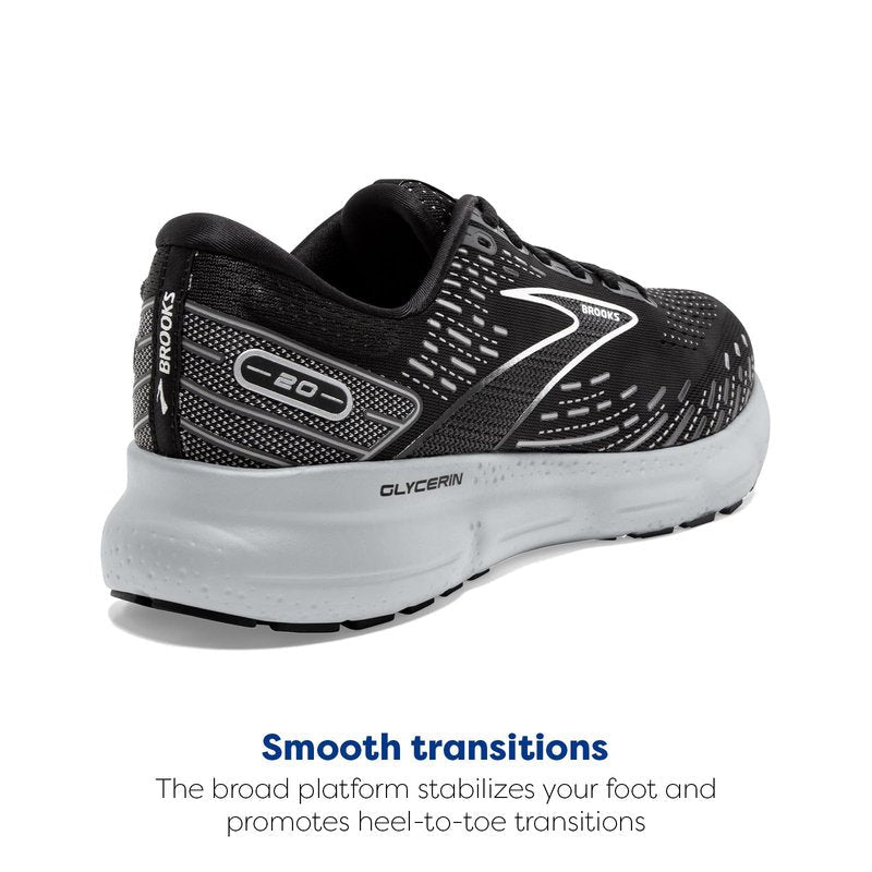 Brooks Men's Glycerin 20 Neutral Running Shoe - Black/White/Alloy - 9 Wide