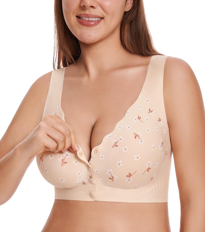 Wireless Daisy Jelly Bras for Women, Front Closure Seamless Bra Post Surgery Comfort No Underwire Push Up Bralettes Beige
