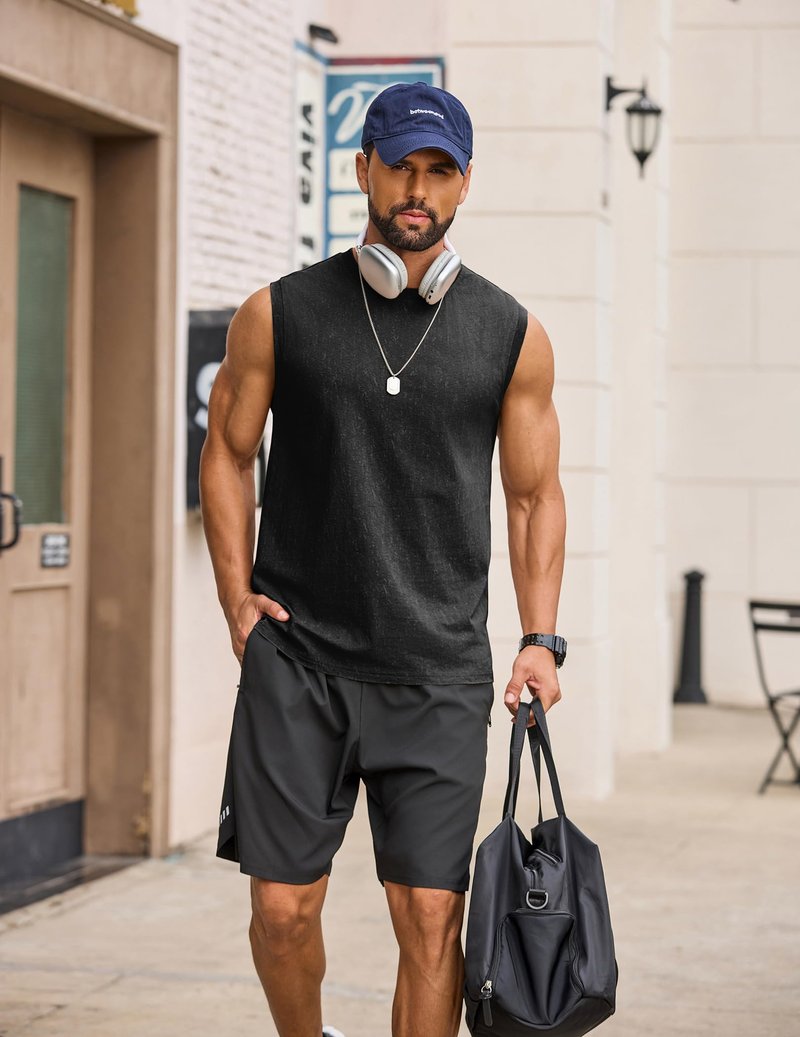 COOFANDY Men's Cotton Sleeveless Tank Tops Black Workout Tank Casual Beach Sleeveless Shirt Vintage Washed Basic Tee