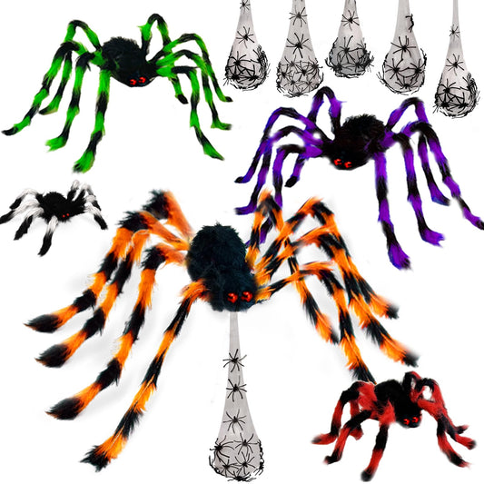 5Pack Halloween Spider Decorations with Hanging Eggs, 50" Giant Scary Halloween Props,Realistic Hairy Spider Set for Window Wall Yard Party Haunted House Indoor Outdoor Decor (5 Different Size&Color)
