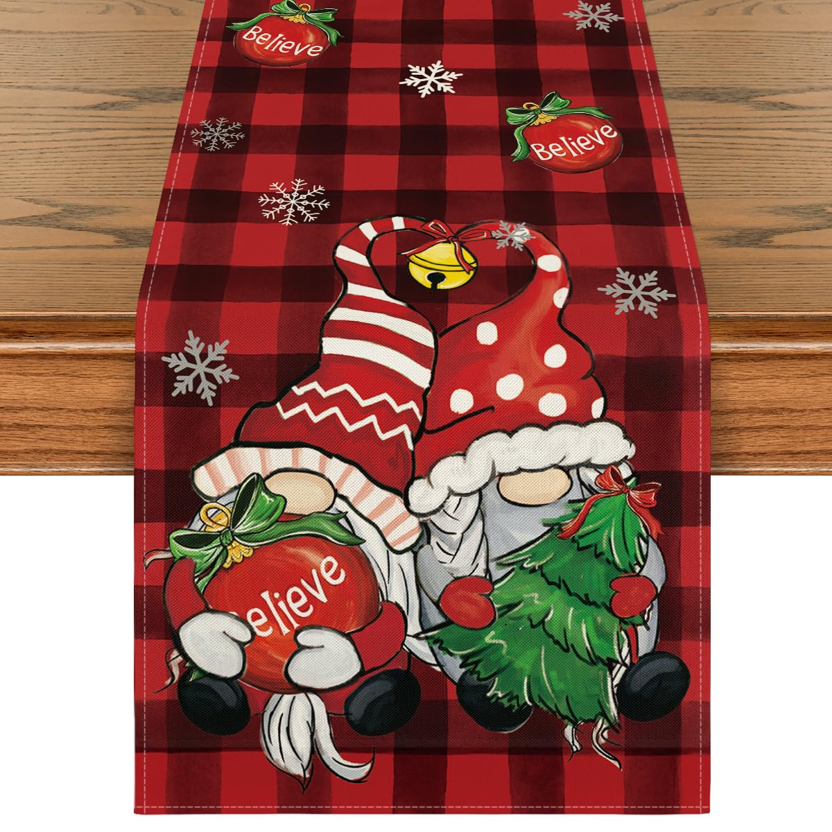 Artoid Mode Red and Black Buffalo Plaid Gnome Believe Snowflakes Christmas Table Runner, Seasonal Winter Holiday Kitchen Dining Table Decoration for Home Party Decor 13x72 Inch