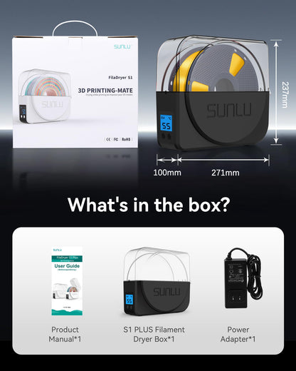SUNLU Official Filament Dryer S1 PLUS with Fan, Moisture-Free Filament Dryer Box for 3D Printer Filament, Easy to Use and Portable FilaDryer, PLA PETG ABS Nylon TPU 3D Filament Dryer SUNLU S1, (Black)