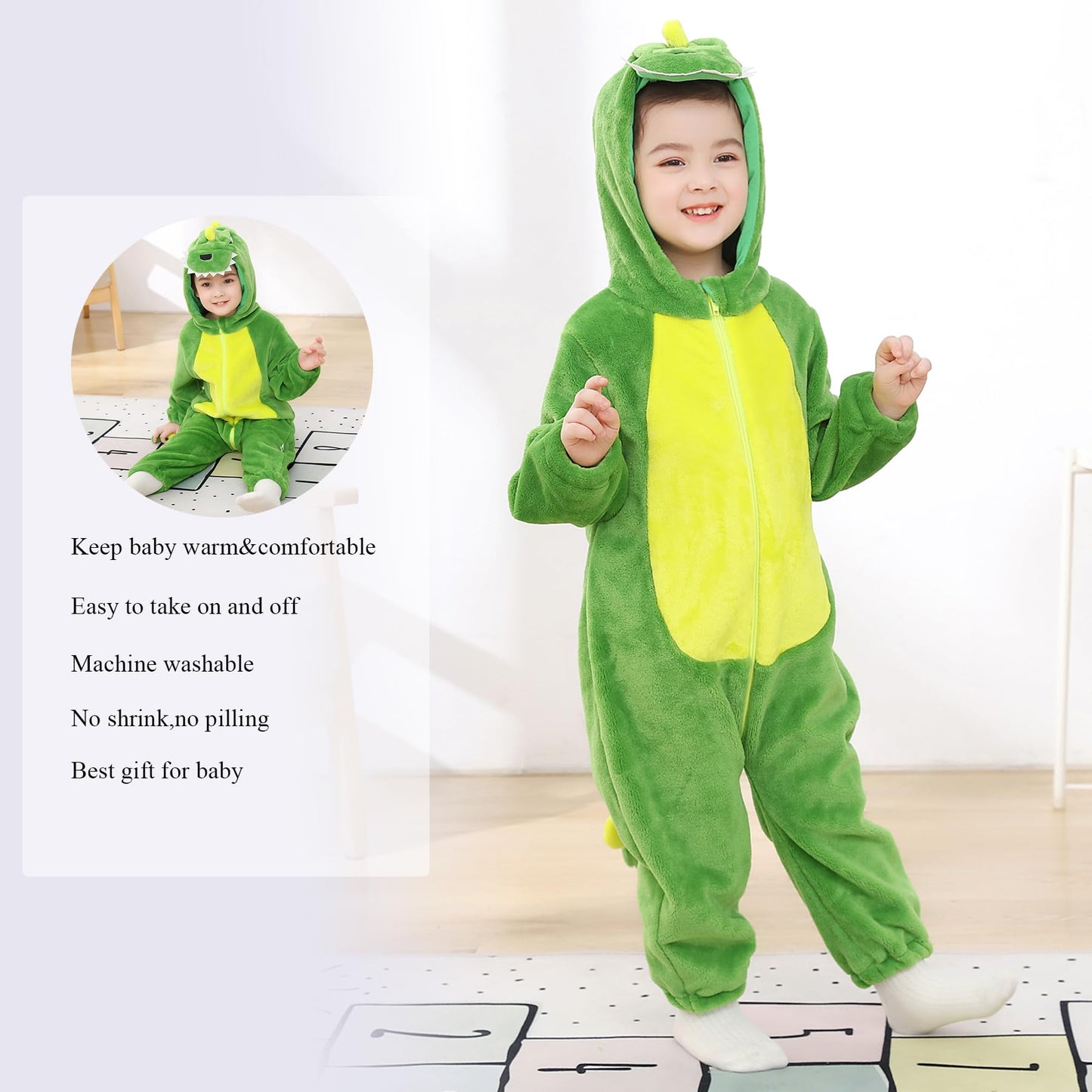 TONWHAR Kids' And Toddlers' Infant Tiger Dinosaur Animal Fancy Dress Costume Outfit Hooded Romper Jumpsuit (4T/Height:40"-43", Green Dinosaur)