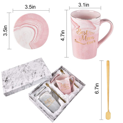 YHRJWN Best Dad and Mom Marble Ever Coffee Mug Set - with Gift Box Coaster Spoon for Christmas Birthday Parent Gift from Daughter Son 14 Oz Each