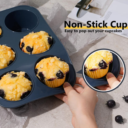 2 Pack Deep and Jumbo Muffin Tray 6 Cup Large Silicone Muffins Pan, Non-Stick Giant Cupcake Tin, Silicon Mould Bakeware, Baking Case for Yorkshire Pudding, Bun, Cupcakes, 27.8 x 19 x 5 cm (Grey)