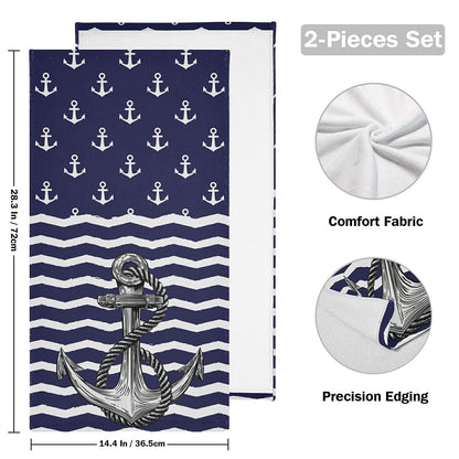 Anchor Bath Hand Towel 2 Pcs Absorbent Nautical White Stripe Hand Towels Sea Anchors Navy Blue Face Towel Soft Breathable Anchor Fingertip Towel for Bathroom Kitchen Hotel Spa Decor Gift 28.3x14.4in