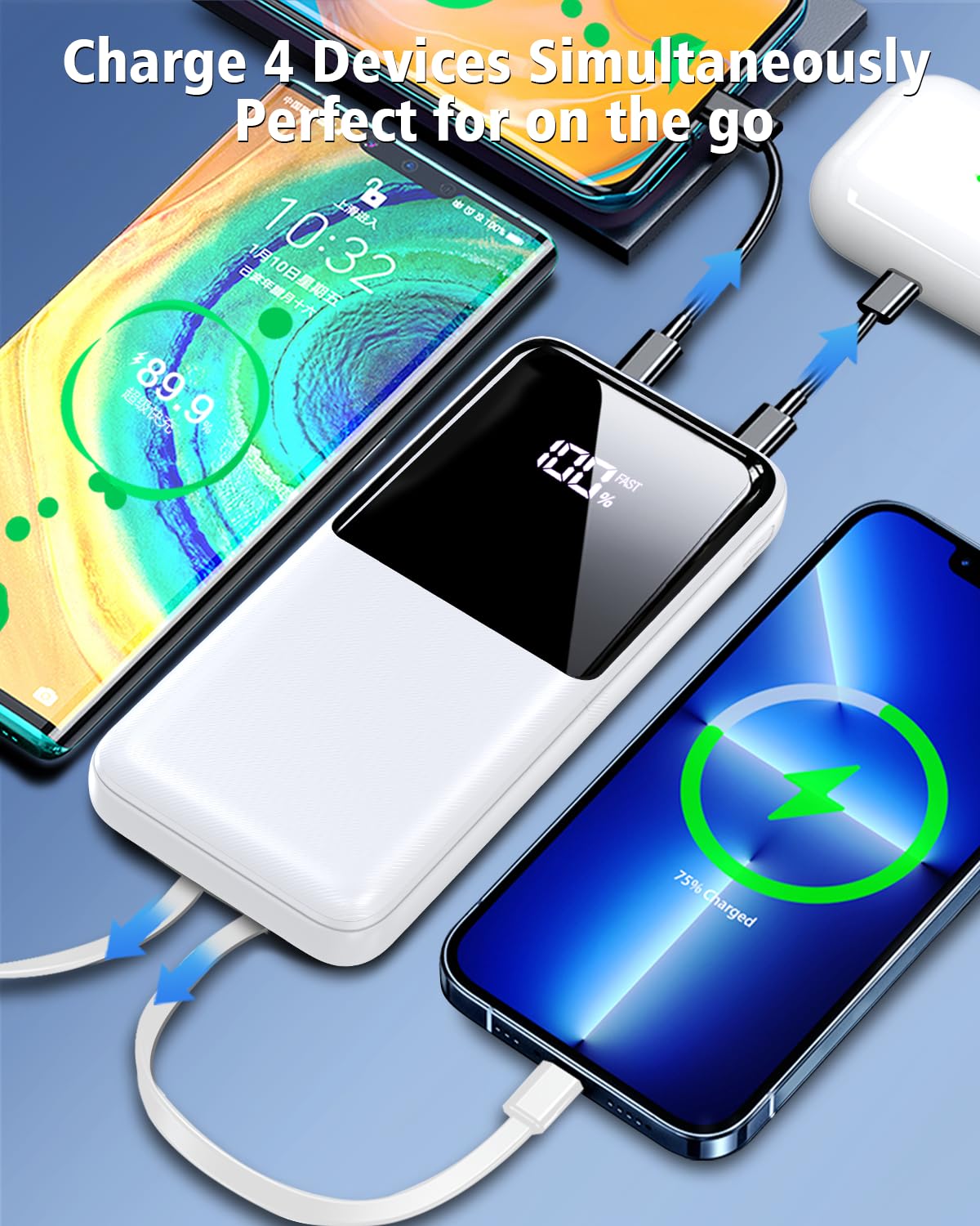 Portable Charger Power Bank - 15000mAh Fast Charging Powerbank Travel Camping Essential Battery Pack with Built in 22.5W Output Cable Compatible with iPhone 17 16 15 14 13 Samsung Google iPad, 1 Pack